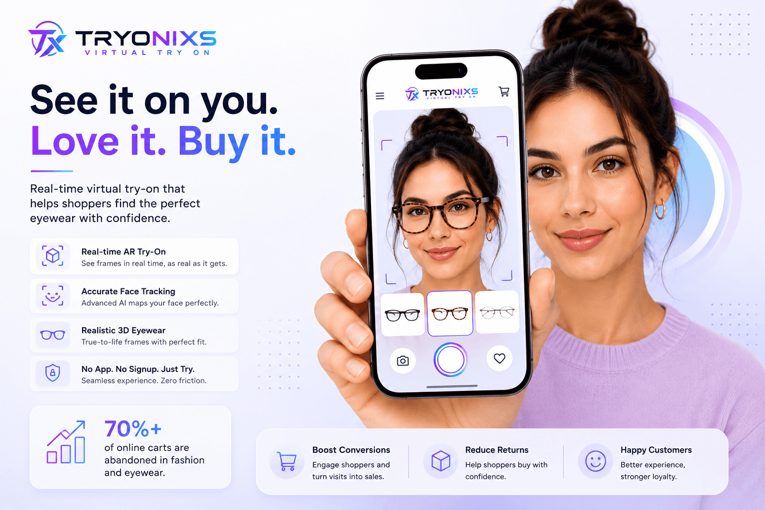 Woman using virtual try-on app to see eyeglasses on her face through phone camera