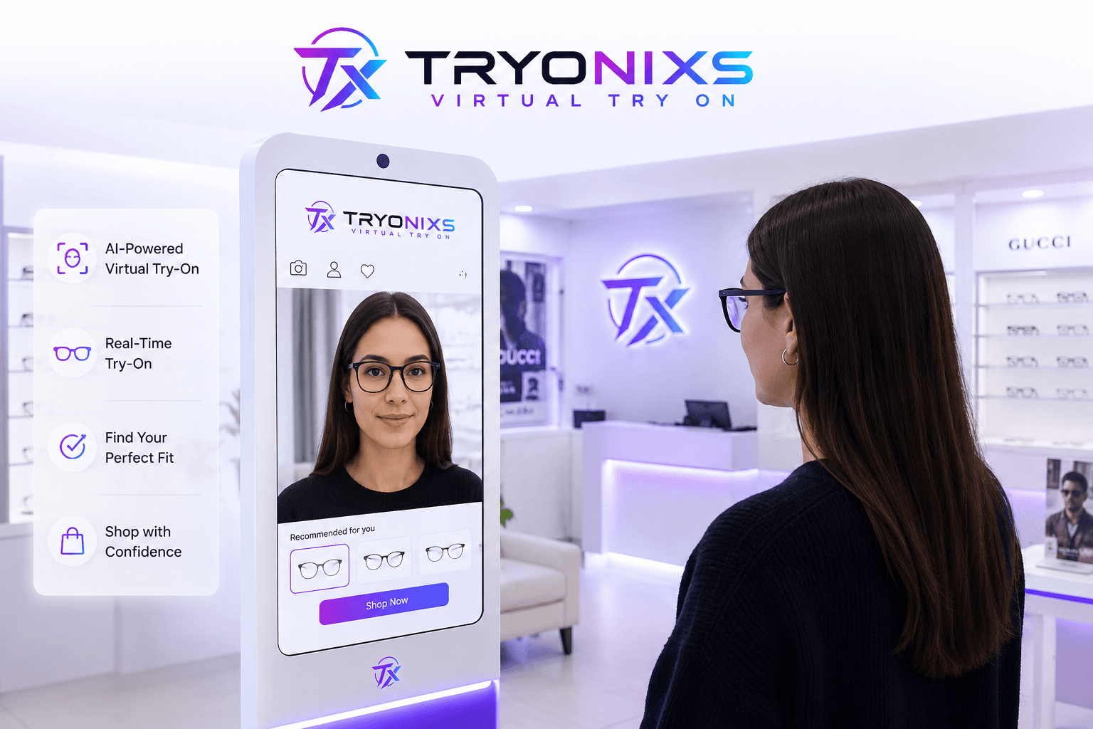 Virtual mirror kiosk being used inside a physical optical retail store