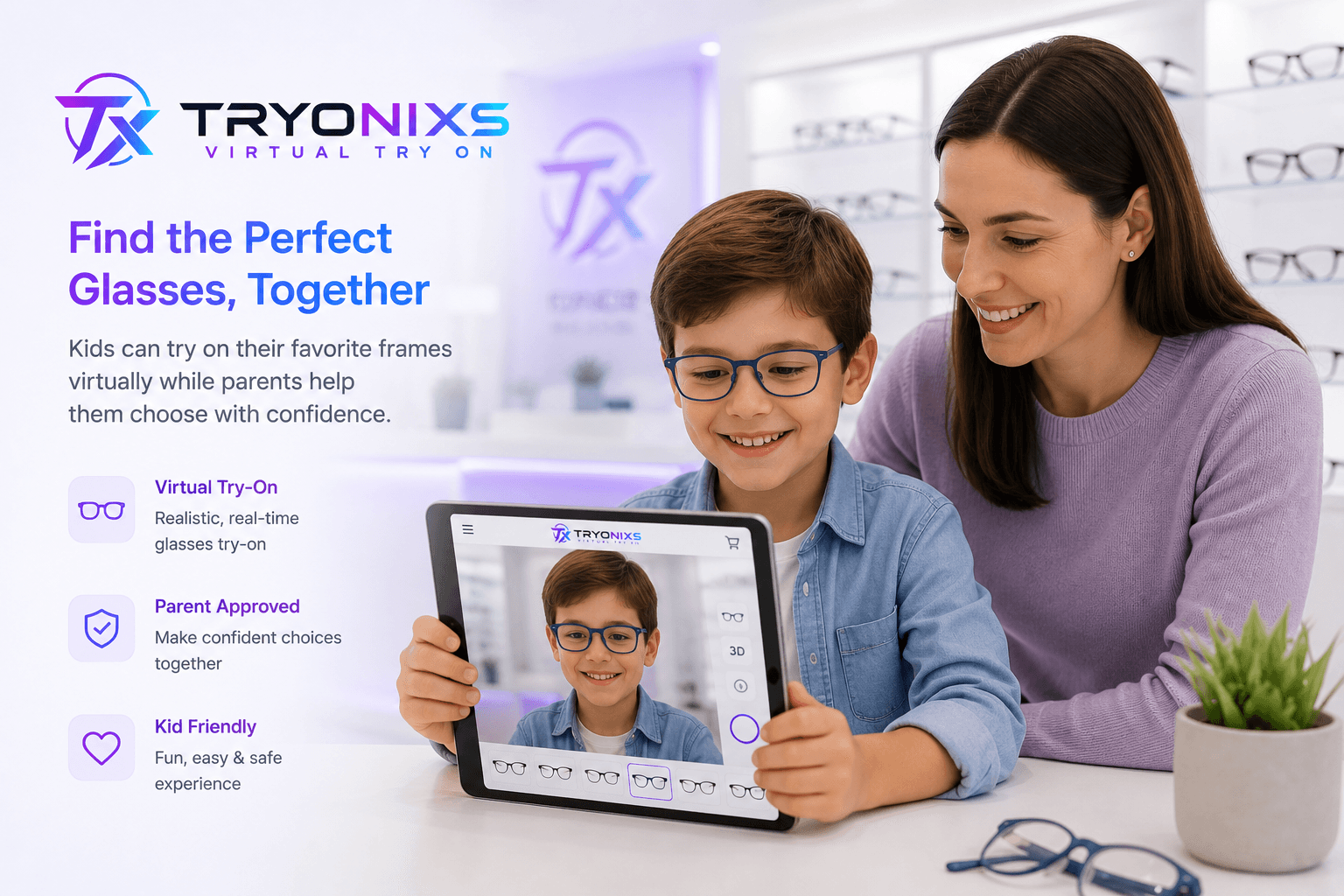 Child using virtual try-on app with parent to choose glasses