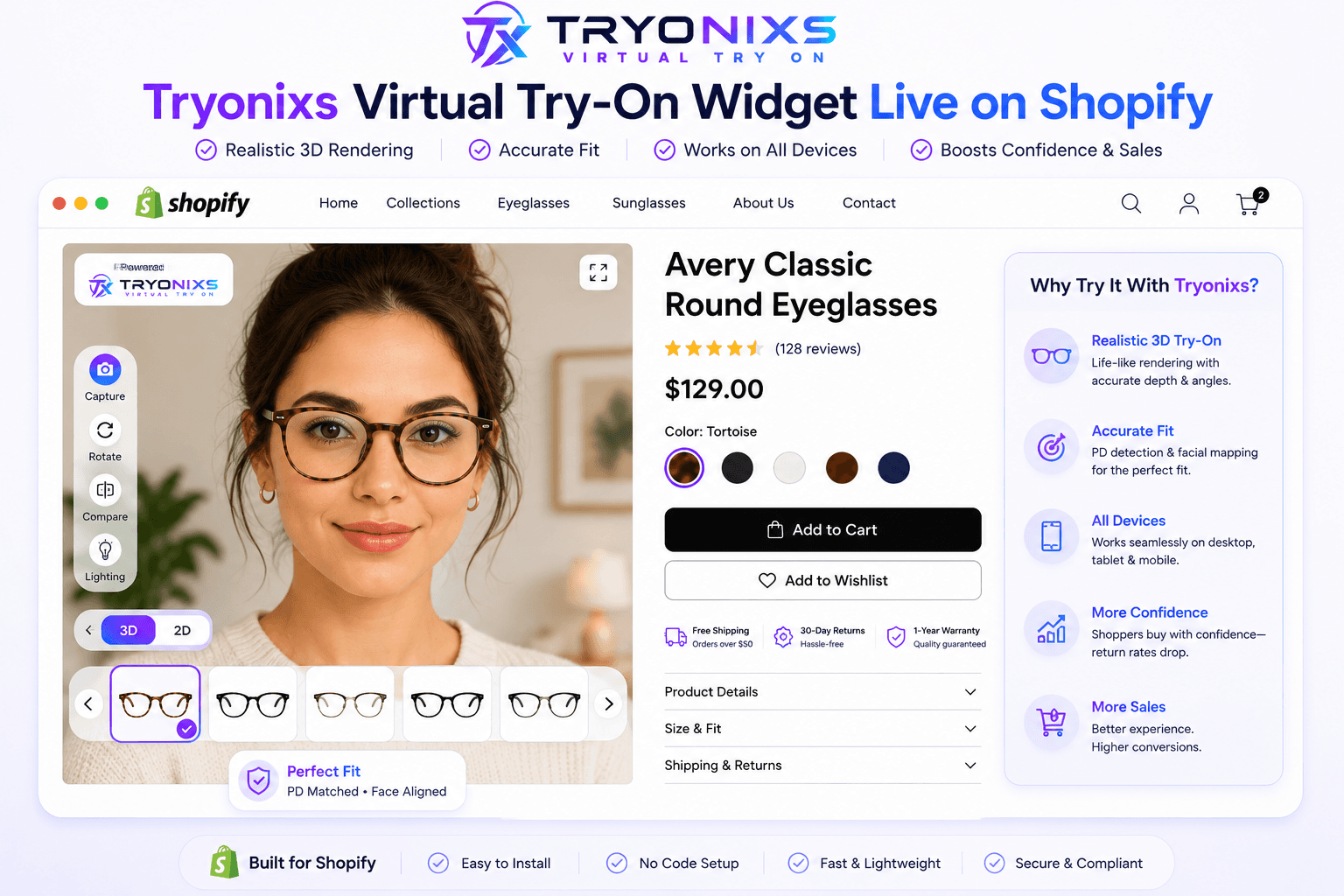 Tryonixs virtual try-on widget integrated into a Shopify eyewear product page