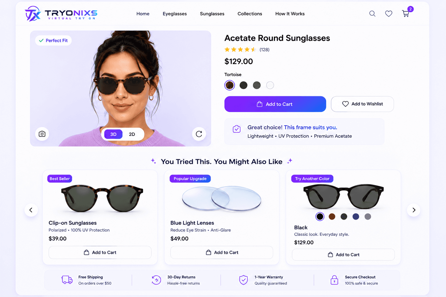 Upsell product recommendations shown after eyewear virtual try-on session